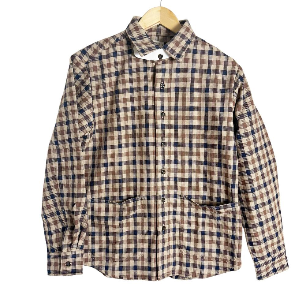 AYR Men’s Brown Navy Blue Plaid Check Long Sleeve Button Up Shirt Size XS